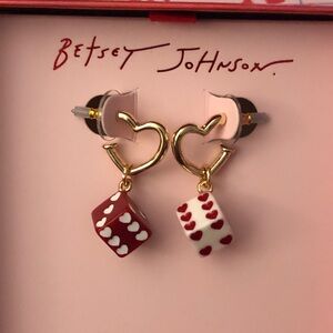 Betsey Johnson Gold Tone Heart Huggie Hoop Earrings Mismatched Dice Charms NWT